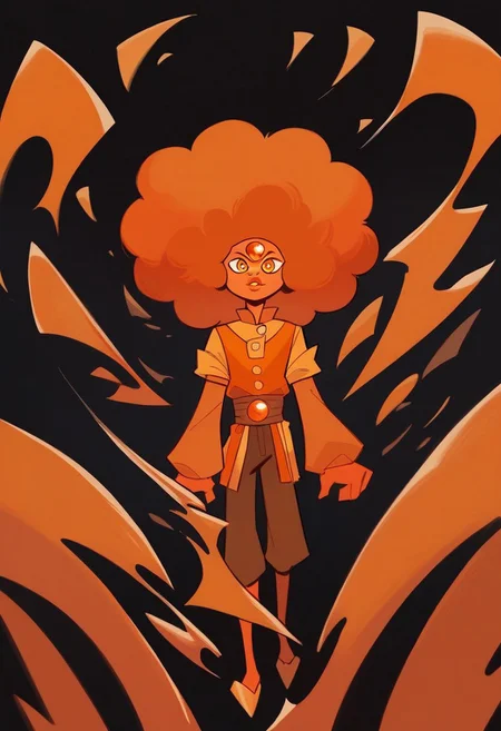 score_9, score_8_up, score_7_up, score_6_up, source_cartoon, solo, full body, a orange male human with a single orange gem embedded in their head, wearing a orange uniform, wide nose, full lips, orange afro, (eye gem), orange body, orange skin, orange eyes, orange clothes, orange eye gem, orange humanoid, orange theme, flat chest, shiny, dynamic reflection, dark background, best quality, highly detailed, illustration