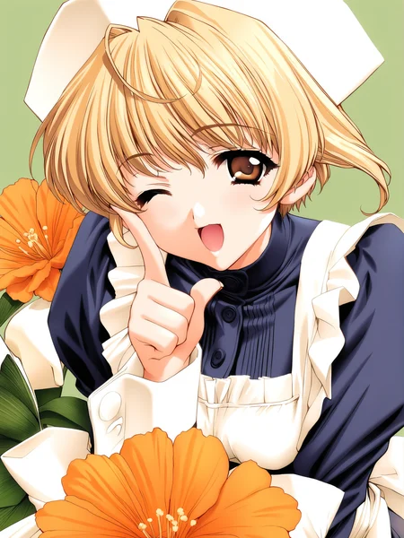 masterpiece, best quality, high quality, aesthetic, absurdres, insanely detailed,
1girl, orange flower, one eye closed, short hair, hat, finger to cheek, blonde hair, long sleeves, brown eyes, apron, maid, open mouth, nurse cap, smile, looking at viewer, index finger raised, green background,
<lora:carnelian-style-xl_v1.0:1>
