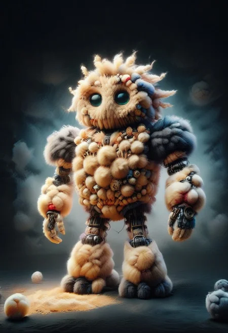 masterpiece, full-body, (Dark-Fantasy-page) ral-flufblz Jed-rbt, robot made-out-of-straw straw balls, (dark:1.1) indoors (lab) (shadows) (dark-atmosphere) ominous eerie