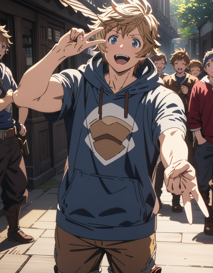masterpiece, best quality, ultra detailed, highres,4k,(ultra-detailed:1.4) (illustration:0.5), (ray tracing,:0.8),(anime colored:0.7),(ai-generated:0.5), (anime screencap:0.8),
1boy,
gran \(granblue fantasy\), granblue fantasy,
smile,open mouth,
<lora:gyaruvXL1:1>,gyaruv,
v,
cowboy shot,