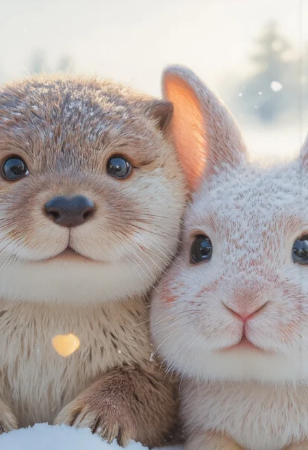 A realistic, intimate close-up of a fluffy otter and a soft, clumsy rabbit, their adorable faces framed in perfect harmony. The otter's round, curious eyes glisten with childlike wonder, its whiskers delicately frosted with snow, while the rabbit's soft, velvety nose twitches slightly, its wide, gentle eyes filled with quiet awe. Both faces are illuminated by a warm, gentle light that contrasts beautifully with the cool tones of the falling snow, creating a soft, magical glow on their fur. A Heart token is visible in between.
Tiny heart-shaped snowflakes drift lazily through the scene, some catching in the otter’s fine whiskers and the rabbit’s fluffy cheeks, while others melt upon their warm fur, adding a subtle shimmer. The background fades into a dreamy blur of soft white and pale evergreen hues, suggesting a serene, snowy forest. Their expressions, innocent and transfixed, reflect the quiet enchantment of winter as they gaze forward, seemingly lost in the wonder of something unseen but deeply magical.
The light, faintly golden, filters through the snowfall, creating delicate highlights and a gentle gradient of shadows that brings out every intricate detail of their fur and features. The atmosphere is pure and serene, capturing a fleeting, tender moment of untouched winter beauty, as if nature itself has paused to marvel at the quiet, soulful connection between these two endearing creatures.