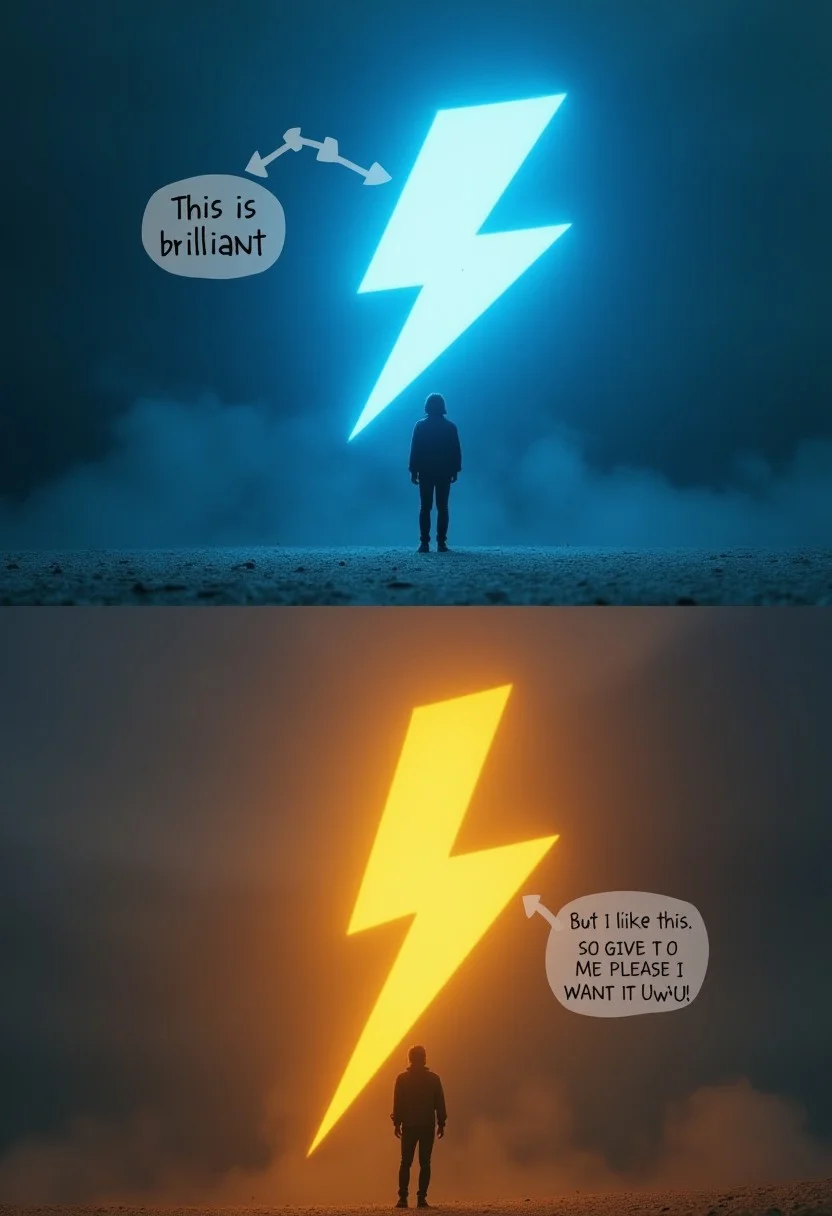 The image a surreal photograph shot slightly from the side and is split into two section. the top section shows two lightning bolt icons. one is completely blue and one orange-yellow. a person is standing in front of the blue lightning bolt icon with a speech bubble saying "This is brilliant".
The bottom section shows the same blue and yellow lightning bolt icons with the same person but this time standing in front of the orange-yellow lightning bolt icon with a speech bubble saying "But I like this. SO GIVE IT TO ME PLEASE I WANT IT UwU".
both lightning bolt icons are floating, have soft edges and there is an ominous aura around them.
the text in the speech bubbles is clear, large and readable.