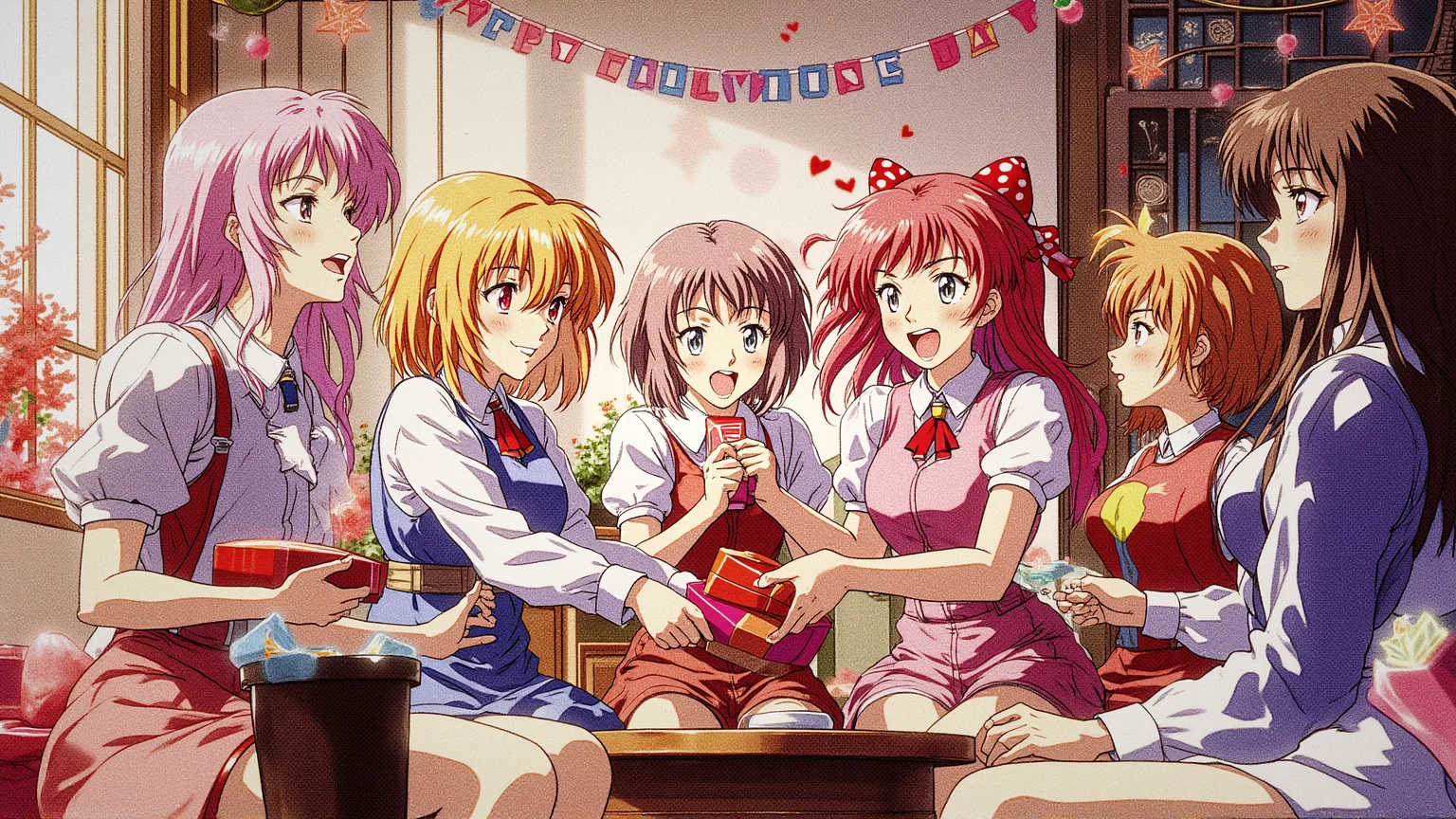 This dynamic scene captures the lively essence of Galentine's Day/ with an array of colorful anime waifus gathered in a cozy setting exchanging heartfelt presents. The image showcases the characters' unique personalities through their expressions and body language while they share laughter and cheer against a warm/ festive backdrop. The atmosphere radiates warmth and camaraderie/ inviting viewers to join this delightful celebration of friendship and love. Anime/ Galentine's Day Celebration/ Gift Exchange/ Lively Atmosphere.
