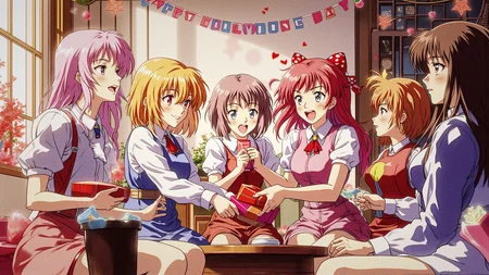 This dynamic scene captures the lively essence of Galentine's Day/ with an array of colorful anime waifus gathered in a cozy setting exchanging heartfelt presents. The image showcases the characters' unique personalities through their expressions and body language while they share laughter and cheer against a warm/ festive backdrop. The atmosphere radiates warmth and camaraderie/ inviting viewers to join this delightful celebration of friendship and love. Anime/ Galentine's Day Celebration/ Gift Exchange/ Lively Atmosphere.