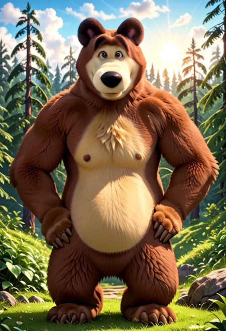 score_8, score_7, score_9_up, BodiPhantom, masterpiece, high quality, detailed, best quality, detailed background, detailed character, detailed character details, detailed face, detailed muzzle, dust, particles, practices, fluffy wool, fluffy fur, high quality, very high rendering, smooth lines, 4k, 8k, 16k, huge resolution, a lot of details, detailed fur, high budget, cinemascope, epic, gorgeous, film grain, grainy, high quality, detailed, high resolution, high quality, high resolution, furry character, 3DMM, solo
first character: "BodiPhantom, Mishka, Bear, Dark brown eyes, Brown, lighter on the belly, chest and face, the underside of the paws are also cream colored, the claws are a different shade of brown, while the ears and eyebrows are darker than the rest of the body";
BREAK
source_furry, adult, anthro, (((muscular))),
realistic, different wolves, different faces, detailed face, 
in the forest, trees, sun, meadow, clouds, detailed eyes, detailed fur, detailed anatomy, detailed every character, 
He stands at full height, legs spread, hands on hips, kind,
