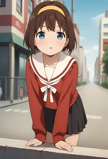 score_9, score_8_up, score_7_up, source_anime, masterpiece, 1girl, ctianm0rin0, red serafuku, white sailor collar, ribbon, black skirt, long sleeves, pleated skirt, looking at viewer, city, outdoors, depth of field, <lora:Seria_morino_pony_ct:0.8>, leaning forward, chestnut mouth,