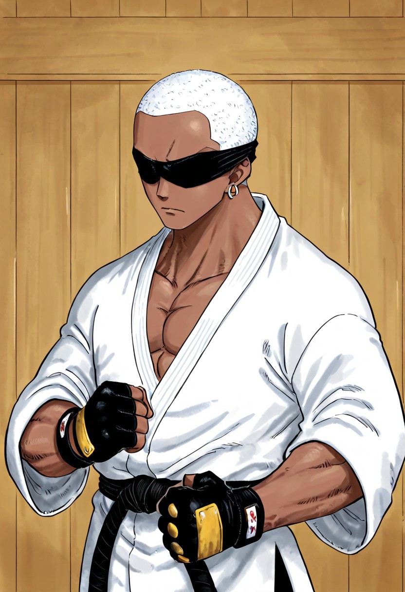 lazympos, 1boy, solo, dark skin, white hair, ((short hair, buzz cut)), muscular, ((white blinfold, blinfold, blindfolded)), martial artist, white kimono, visible chest, serious, closed fist, combat stance, dojo background, earrings, fingerless gloves