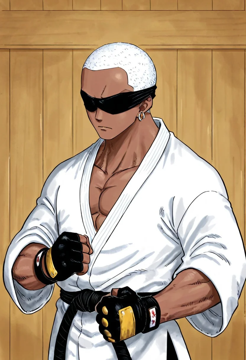 lazympos, 1boy, solo, dark skin, white hair, ((short hair, buzz cut)), muscular, ((white blinfold, blinfold, blindfolded)), martial artist, white kimono, visible chest, serious, closed fist, combat stance, dojo background, earrings, fingerless gloves