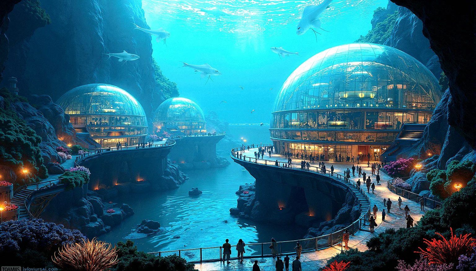 Hyperrealistic depiction of Underwater City, a city built beneath the ocean, with massive glass domes housing buildings and streets. Bioluminescent sea creatures swim outside the domes, casting a soft glow over the city. The streets are filled with people, some of whom have adapted to the underwater environment with gills or other modifications.Artificial coral gardens with embedded LEDs that change color based on the time of day or weather conditions.Glowing lines embedded in the seabed that delineate different areas of the city, glowing with vibrant neon hues. Glowing veins of light embedded in the seafloor, creating intricate patterns that pulse gently. Fiber optic cables that run through the city, their tips glowing and creating a network of illuminated threads.