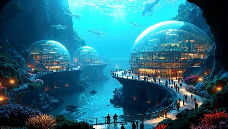 Hyperrealistic depiction of Underwater City, a city built beneath the ocean, with massive glass domes housing buildings and streets. Bioluminescent sea creatures swim outside the domes, casting a soft glow over the city. The streets are filled with people, some of whom have adapted to the underwater environment with gills or other modifications.Artificial coral gardens with embedded LEDs that change color based on the time of day or weather conditions.Glowing lines embedded in the seabed that delineate different areas of the city, glowing with vibrant neon hues. Glowing veins of light embedded in the seafloor, creating intricate patterns that pulse gently. Fiber optic cables that run through the city, their tips glowing and creating a network of illuminated threads.