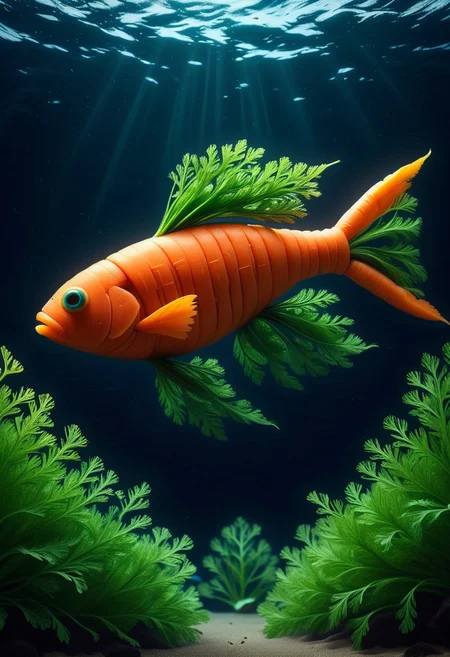 C4RR0T5, a fish made of carrot leafs, swimming in the ocean, set in the ocean, with diverse marine life, glowing flora, serene ambiance, magical light, ,Masterpiece,best quality, raw photo, realistic, very aesthetic
