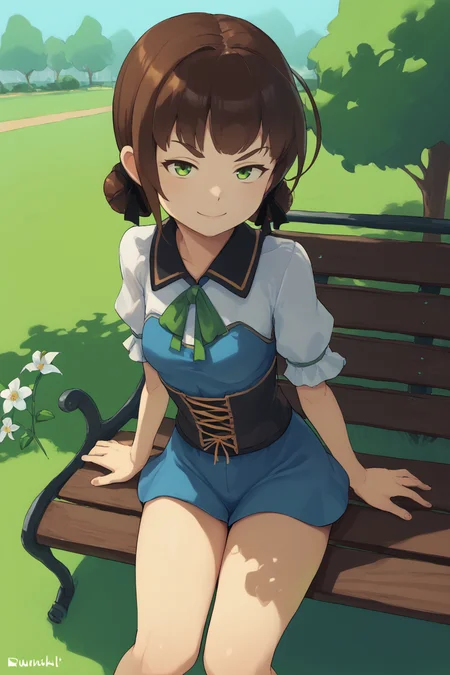 score_9, score_8_up, score_7_up, score_6_up, source anime, BREAK, looking at viewer, outdoors, (smug smirk), plant, flower, <lora:DuvalieCasualC:0.85> , Duvalie, green eyes, brown hair, hair ribbon, hair bun, medium breasts, thick thighs, <lora:1e2_r1:1> , 1e2, sitting, bench, park, <lora:TripleVexx:1> , source_cartoon, young, flat chest, uncensored,