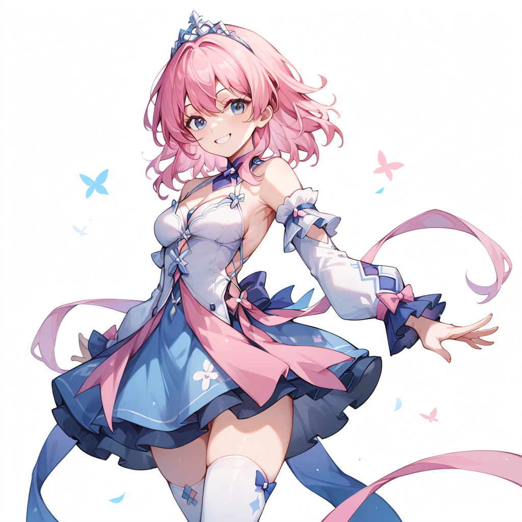 score_9, score_8_up, score_7_up,
simple background, smile,
1girl, march7thdress, detached sleeves, dress, pink hair, thighhighs, 
<lora:march7th_dress_pony_v1:0.4>