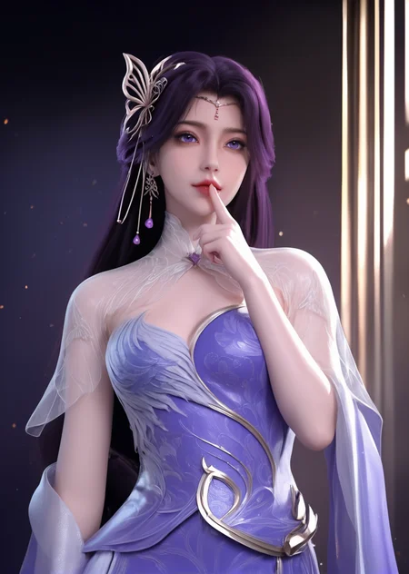 looking_at_viewer,cowboy_shot,finger_to_mouth,1girl,solo,dress,hair ornament,portiart,from front,masterpiece,(best quality),official art,extremely detailed cg 8k wallpaper,((crystalstexture skin)),(extremely delicate and beautiful),solo,realistic,photo_\(medium\),hiqcgbody,purple eyes,chinese background,<lora:äºæ¦_V2-000001:1>,eye-contact,(smile:0.6),jewelry,purple with white waistband,