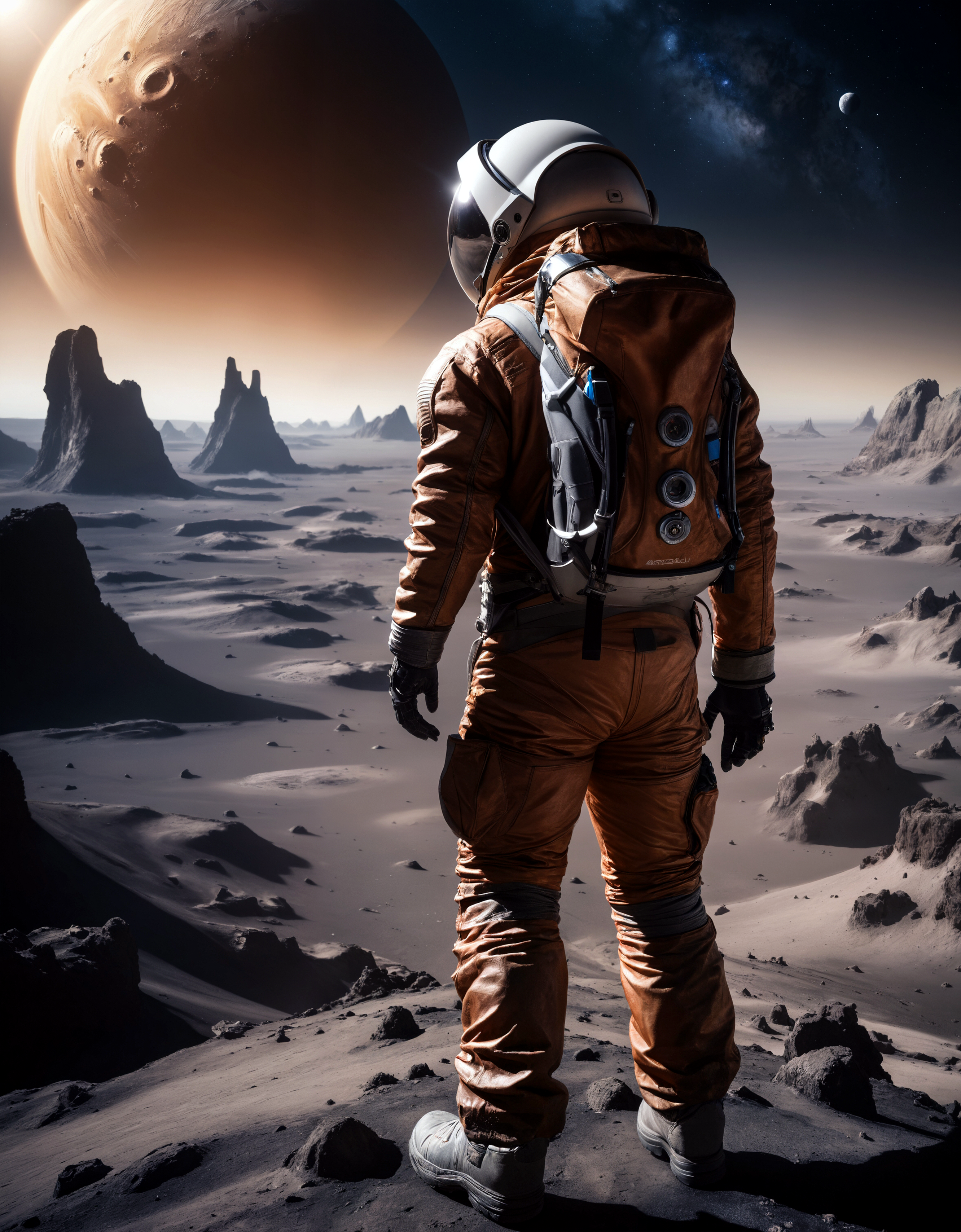 glamour landscape photography of an explorer on a barren asteroid looking at an alien planet in background, photorealistic, scenery,absurdres,hyper realistic lifelike texture dramatic lighting unrealengine trending on artstation,award winning photo,nikon RAW photo,8k,masterpiece, best quality,  cinematic, detailed, realistic, 8k uhd, high quality