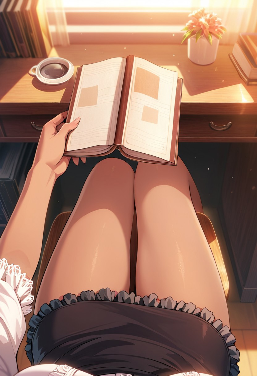 warm colors, masterpiece, best quality, amazing quality, solo,  brown skin,( female pov shot, first person point of view,:1.4) white buttoned blouse, black ruffled skirt, medium breasts,holding a book, morning time, spring season, sitting at a desk, warm light,
cinematic lighting,(female pov:1.3)