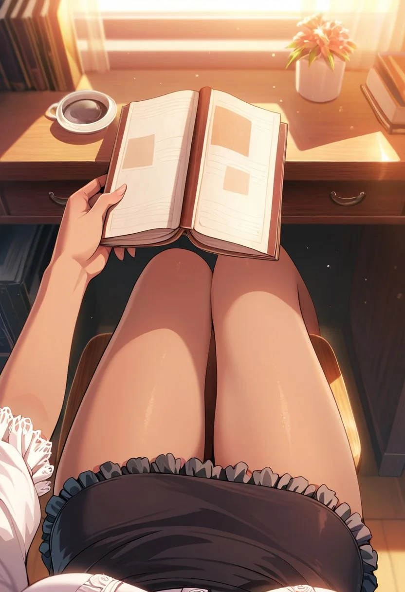 warm colors, masterpiece, best quality, amazing quality, solo,  brown skin,( female pov shot, first person point of view,:1.4) white buttoned blouse, black ruffled skirt, medium breasts,holding a book, morning time, spring season, sitting at a desk, warm light,
cinematic lighting,(female pov:1.3)