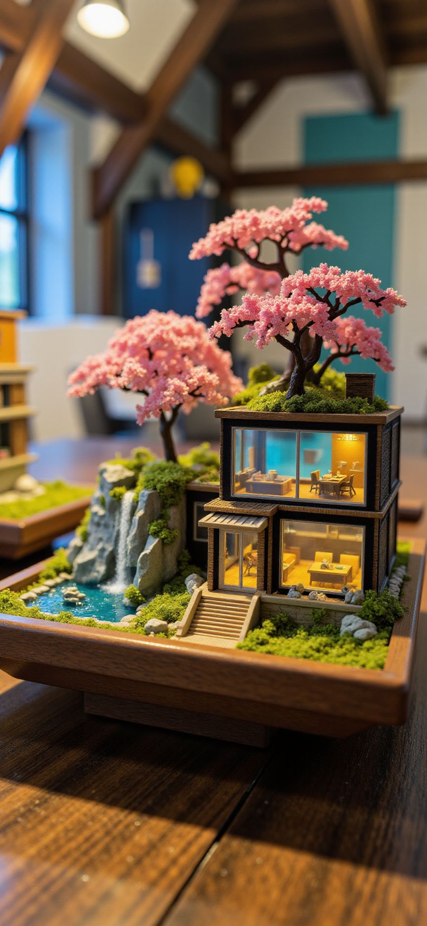 (indoors,indoor,isometric view,side view,tilt-shift lens:2), (fna_style,miniature,miniature,diorama,miniature,diorama,PVC,plastic:2),sunset (sakura:1.5) ,(forest:0.2),(colorful,Rust_Decay:2) (moss,ivy,(office building, house with glass:2)), sea,cliff in (wooden square plate:2), on (table:2) at (attic:2.5)   <lora:Fantasy_Novel_Art_Style:1> <lora:Rostpunk:0.3> <lora:Rust_Decay_flux_lora:1> <lora:JJsOfficeBuilding_Flux_r1:0.65>