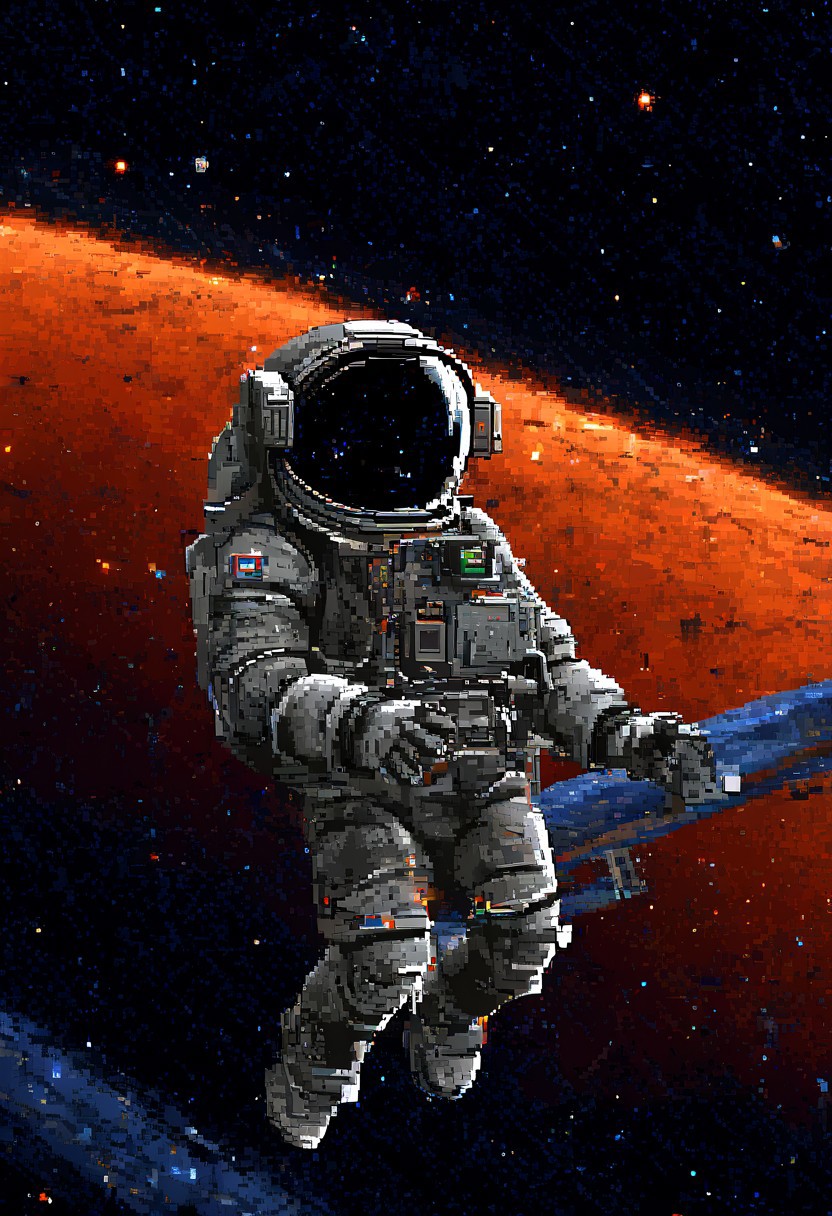 w1ngc0mmander, pixel art,
A determined astronaut in a sleek spacesuit floats near a massive space station orbiting a colorful nebula. Starry background, futuristic technology, helmet reflection, extreme close-up, portrait.