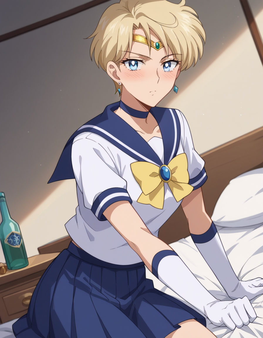 score_9, score_8_up, score_7_up, source_anime, <lora:haruka-tenou-eternal-movie1-ponyxl-lora-nochekaiser:1>, haruka tenou, blonde hair, blue eyes, parted bangs, short hair, very short hair,, back bow, blue bow, blue choker, blue gemstone, blue sailor collar, blue skirt, bow, bowtie, choker, circlet, earrings, elbow gloves, gem, gloves, jewelry, miniskirt, pleated skirt, sailor collar, shirt, short sleeves, skirt, white gloves, white shirt, yellow bow, yellow bowtie,, indoors, bed, bed room, on side, blush, drunk, looking at viewer, solo,, cowboy shot, dutch angle