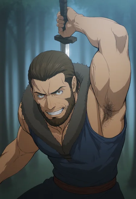 1boy, bandit_SkeletonKnight, scars on face, beard, brown hair, brown eyes, veiny arms, score_8_up, score_7_up, score_6_up, score_9_up, a muscular man stand at forest, fantasy, ancient ,medieval, fur collar, (manly),sleeveless shirt, hairy, face_focus, middle-age man, muscular, centered,looking at viewer,  detailed eyes, 8k uhd, high quality, bare arms, arm up, armpit, armpit_hair,evil_grin, fighting pose, attack, holding sword