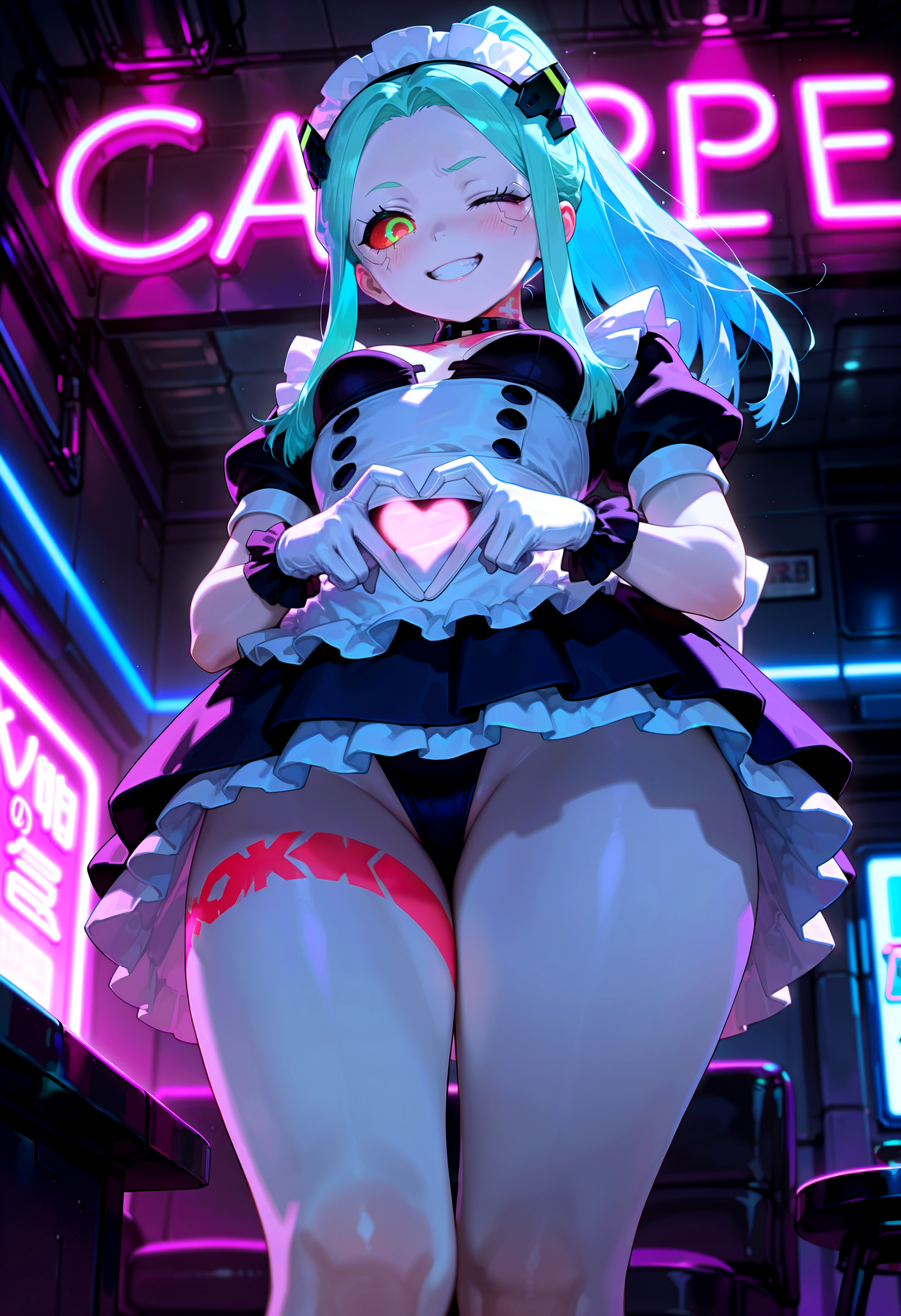 masterpiece, best quality, 1girl, rebecca \(cyberpunk\), alternate costume, colored skin, white skin, high ponytail, curvy figure, small breasts, maid uniform, maid headdress, white gloves, frilled gloves, leg tattoo, frilled garter, maid cafe, indoors, heart gesture, hands together, moe moe kyun!, neon heart symbol, one eye closed, grin, from below, dark, neon lights, science fiction, rim light, backlighting, volumetric lighting, dramatic lighting, cinematic, detailed shading, detailed lighting, detailed hair, detailed skin, detailed clothing,