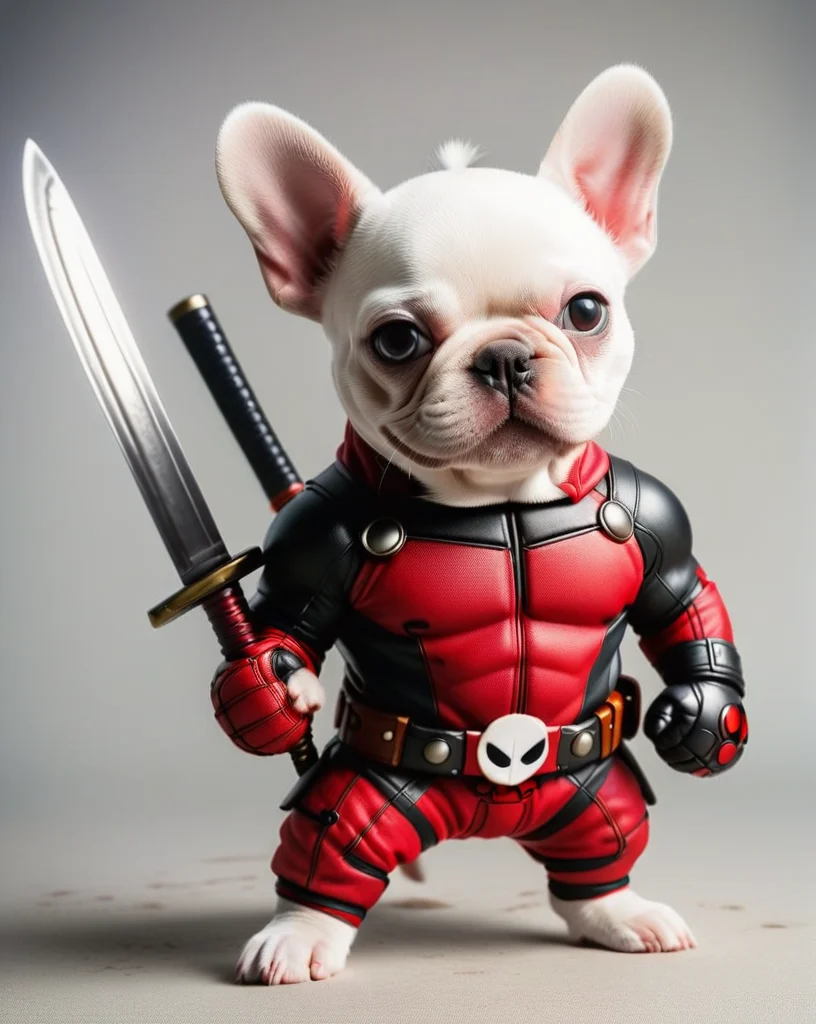 an anthropomorphic white french bulldog puppy dressed as Deadpool, small, cute, smiling, full face mask, standing on hind legs, holding a katana,
<lora:DeadpoolStyleXL:1>, DeadpoolStyle