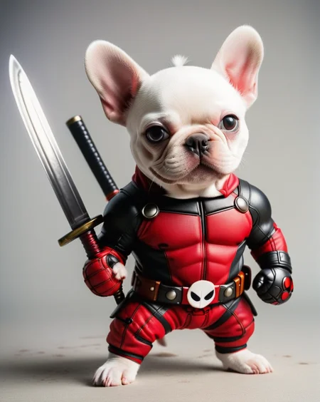 an anthropomorphic white french bulldog puppy dressed as Deadpool, small, cute, smiling, full face mask, standing on hind legs, holding a katana,
<lora:DeadpoolStyleXL:1>, DeadpoolStyle