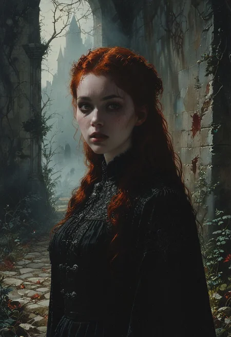 High resolution ultra-realistic of sinister Vampire warrior girl, Intricately Designed Shroud, A Vampire warrior girl clad in a black armor stands in a gloomy graveyard, head and shoulders portrait, wavy red hair, realistic red eyes, perfect athletic figure, handsome vampire pale bloody face, iconic vampire canine teeth, beautiful perfect detailed pupils, wet oily shiny skin, beautiful firm Breasts, defiant and seductive, 8k resolution concept art portrait by Greg Rutkowski, Dark Ages, Artgerm, WLOP, Alphonse Mucha dynamic lighting hyperdetailed intricately detailed Splash art trending on Artstation triadic colors Unreal Engine, 5 volumetric lighting, Cinematic Lighting, intricate, smooth, sharp focus digital painting, Asymmetrical Balance, hyperdetailed painting, dynamic lighting