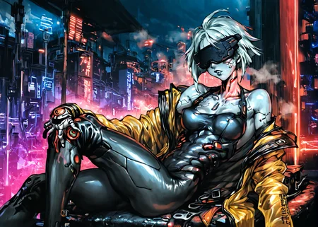 nahiri, short tomboy hair, clear raincoat, cyberpunk, wearing a vr headset, shiny skin, outside in a cyberpunk dystopian city at night in the poruing rain, illuminated by neon lights <lora:masamune shirow_pony:1> solo, 1girl, cyborg, <lora:NAHIRI:1>, 1girl, solo, short hair, breasts, bare shoulders, white hair, colored skin, white skin steamy body, lounging about, sensual poses, source_anime, score_9_up, score_7_up, score_8_up