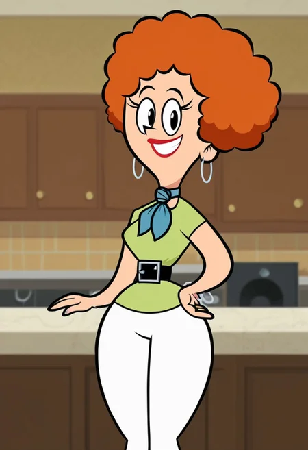 score_9, 1girl, solo, honey buttowski, orange hair, afro hair, hoop earrings, lipstick, neckerchief, green shirt, belt, white pants, hips, smile, looking at viewer, cowboy shot, indoors