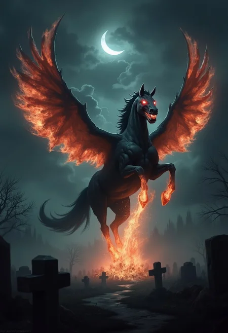 Ultra-realistic digital painting. Fantastical spectral black horse with wings made of fire and flaming hooves, mane and tail, and eyes that glow with flame, emerging from a magical portal and charging towards the viewer, as it flies through the midnight sky. The sky is black and illuminated only by the flames and moon, The horse looks agressive and is extremely intimidating, with foaming mouth and eyes of rage.
The scene is surreal as the pegasus emerges from the portal into a foggy graveyard, with a crescent moon peaking from behind the clouds,