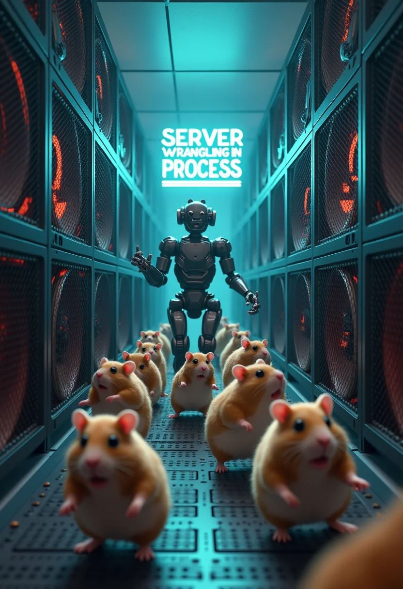 A bunch of hamsters escaping a wall of hamster wheels in a server room full of computers with a robot holding a holographic sign that says "Server wrangling in process", chaotic scene, panic