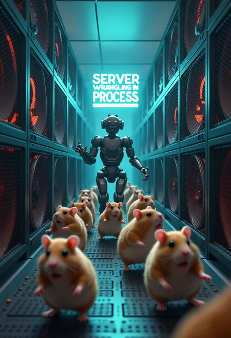 A bunch of hamsters escaping a wall of hamster wheels in a server room full of computers with a robot holding a holographic sign that says "Server wrangling in process", chaotic scene, panic