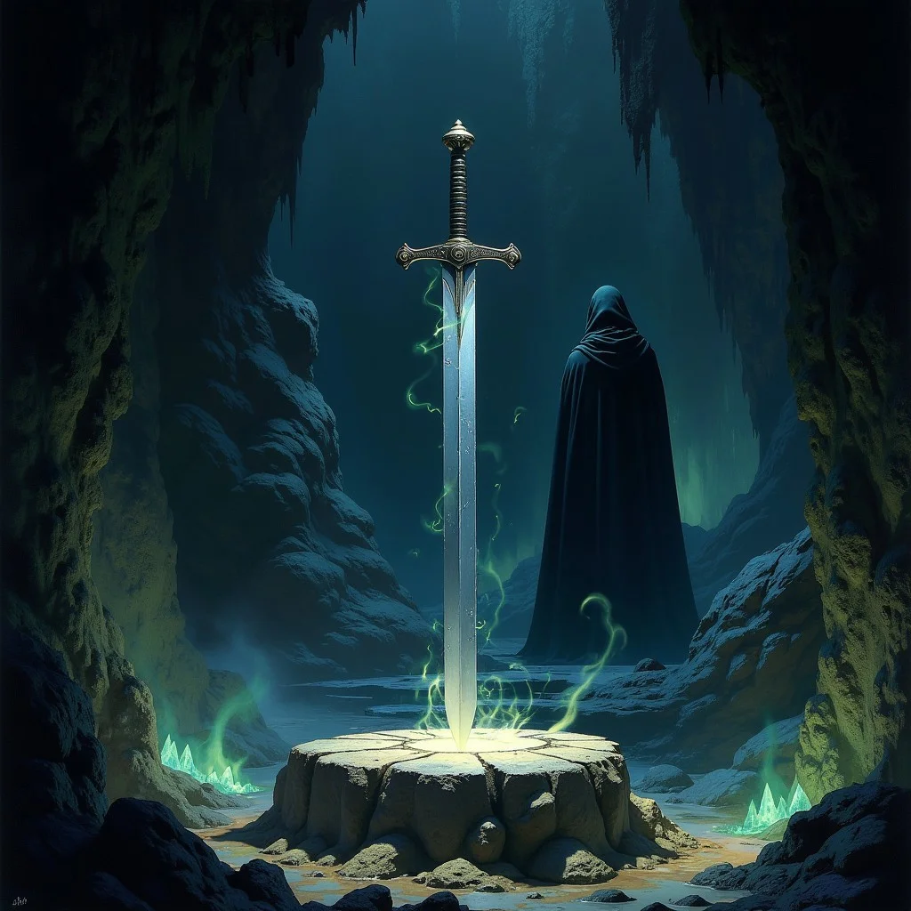 A detailed image of a long one-handed medieval sword lying horizontally on a stone pedestal deep within an ancient, mystical cave. The straight, double-edged blade is polished to a mirror finish with a long fuller. The simple crossguard made of alloy steel is slightly tarnished. The handle is wrapped in a textured stone, and the heavy pommel balances the sword. Above the sword, a mysterious figure in a cloak stands, hooded, with its face hidden in darkness. The figure exudes an aura of mystery and anticipation. The cave walls are lined with luminescent crystals that cast a magical glow over the scene. Wisps of magical energy swirl around the sword, and shadows dance along the cave walls, with the entire scene bathed in a soft, otherworldly light.