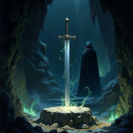 A detailed image of a long one-handed medieval sword lying horizontally on a stone pedestal deep within an ancient, mystical cave. The straight, double-edged blade is polished to a mirror finish with a long fuller. The simple crossguard made of alloy steel is slightly tarnished. The handle is wrapped in a textured stone, and the heavy pommel balances the sword. Above the sword, a mysterious figure in a cloak stands, hooded, with its face hidden in darkness. The figure exudes an aura of mystery and anticipation. The cave walls are lined with luminescent crystals that cast a magical glow over the scene. Wisps of magical energy swirl around the sword, and shadows dance along the cave walls, with the entire scene bathed in a soft, otherworldly light.