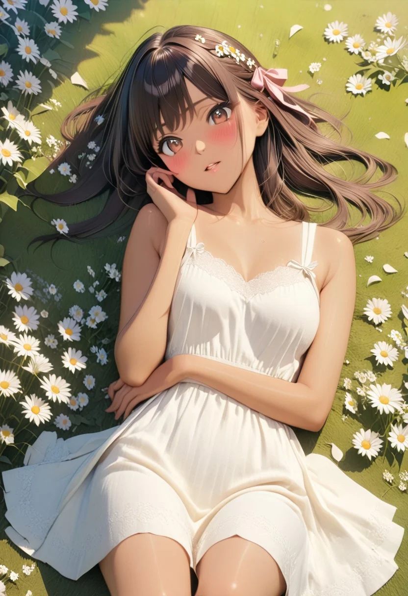 gorgeous lips, cinematic, (masterpiece), (best quality), (ultra-detailed), very aesthetic, illustration, perfect composition, intricate details, absurdres, detailed face, (anime, masterpiece, intricate:1.3), (best quality, hires textures, high detail:1.2), brown eyes,
1girl, brown skin, tan skin, very long black hair, wavy hair,medium breasts, perfecteyes, 8k, highest quality, ultra details,1girl, solo, pink and white checker pattern backless sleeveless sundress with a bow, white knee height boots, pink hair ribbon, surrounded by daisies, legs crossed, laying on her back, laying on pile of daisies, daisies cover entire ground, spring season, cinematic lighting, hair blowing in the wind, dress spread out on the ground, touching cheek, blush, pursed lips, head tilt, happy, holding a flower,daisy in hair, daisies cover the entire ground, flower petals blowing in the wind, (from directly above:1.4), photoshoot, medium full shot,
