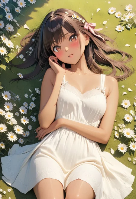 gorgeous lips, cinematic, (masterpiece), (best quality), (ultra-detailed), very aesthetic, illustration, perfect composition, intricate details, absurdres, detailed face, (anime, masterpiece, intricate:1.3), (best quality, hires textures, high detail:1.2), brown eyes,
1girl, brown skin, tan skin, very long black hair, wavy hair,medium breasts, perfecteyes, 8k, highest quality, ultra details,1girl, solo, pink and white checker pattern backless sleeveless sundress with a bow, white knee height boots, pink hair ribbon, surrounded by daisies, legs crossed, laying on her back, laying on pile of daisies, daisies cover entire ground, spring season, cinematic lighting, hair blowing in the wind, dress spread out on the ground, touching cheek, blush, pursed lips, head tilt, happy, holding a flower,daisy in hair, daisies cover the entire ground, flower petals blowing in the wind, (from directly above:1.4), photoshoot, medium full shot,