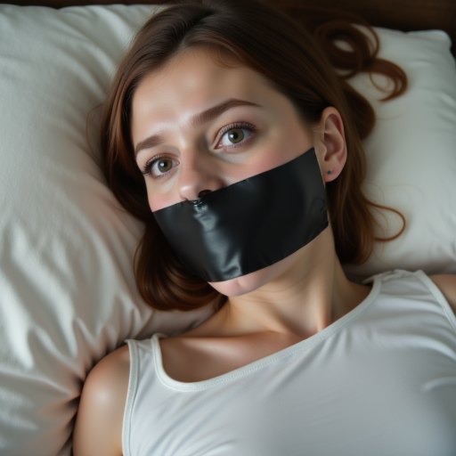 The photograph features a young woman with striking, giving a sense of surprise or distress. She is gagged with black duct tape covering her mouth, with a small nose and full lips. She has expressive, The image is a high-resolution photograph featuring a group of young women, The image is a high-resolution photograph featuring a young woman lying on a white bed with a white pillow under her head. She has light skin and long, adding an element of bondage to the scene., suggesting a sense of restraint or protest. She wears a white