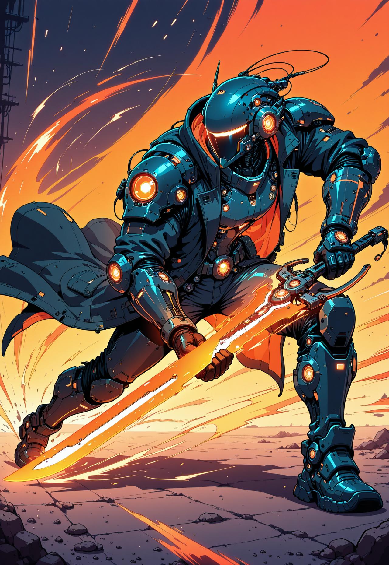 masterpiece, ultra detailed, ultra-detailed, 32K, very aesthetic, 2d, 1man, full armor, black trenchcoat, open coat, hi-tech, sci-fi, neon orange, orange glow, dynamic pose, fighting stance, (motion effect:1.5), dual wield, holding swords, glowing blade, zzCitronLegacy, in the style of cknc,