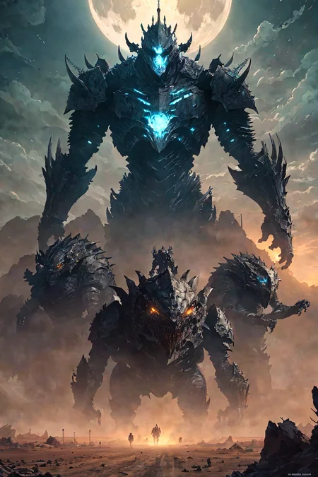 epic video game key visual, giant armored creature, horde, skeletal army, many approaching in an ancient desert windy dust debris storm landscape midnight moonlight foreground debris
(zrpgstyle) (masterpiece:1.2) (illustration:1.1) (best quality:1.2) (detailed) (intricate) (8k) (HDR) (wallpaper) (cinematic lighting) (sharp focus)