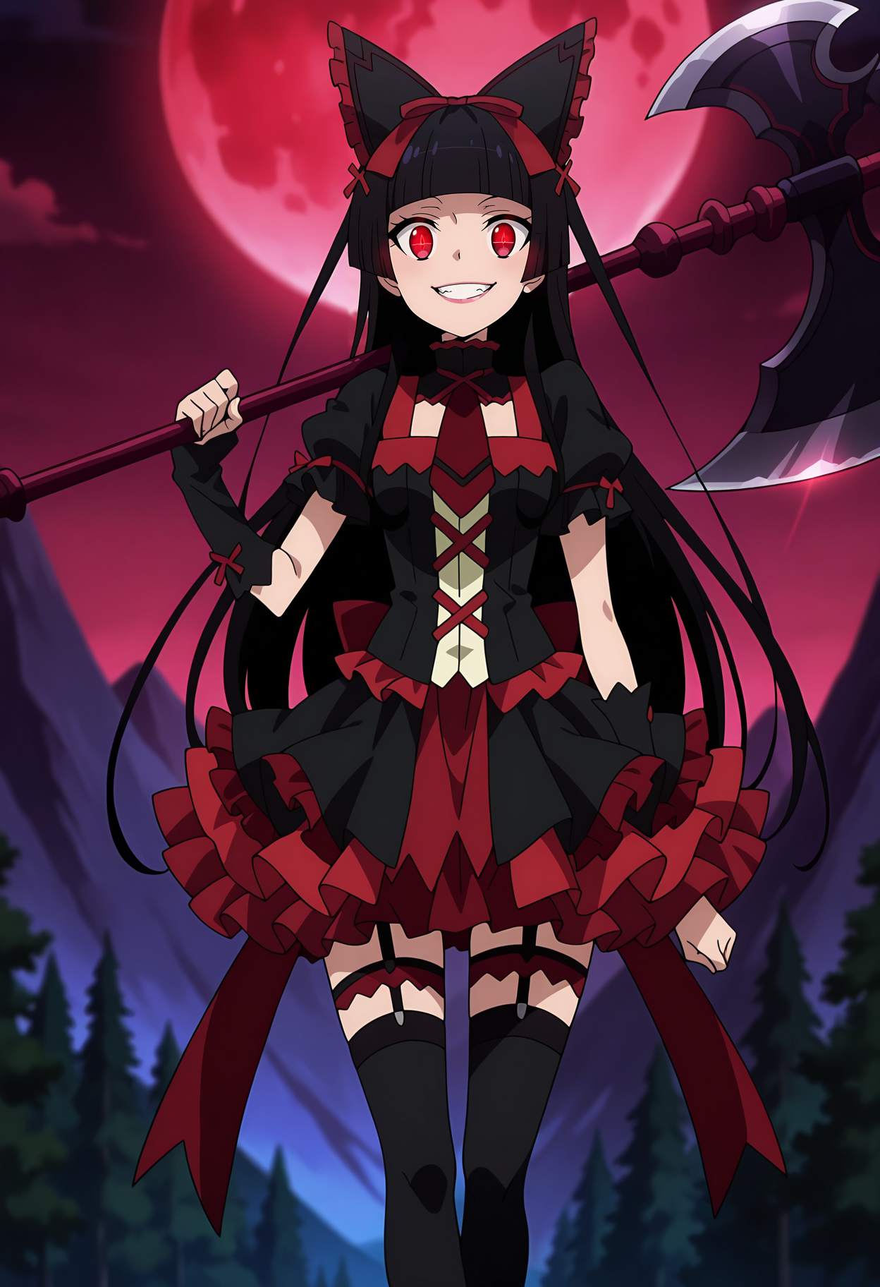 anime screencap, masterpiece, best quality,
<lora:GATE_RoryMercury_IlluXL:0.9>,
1girl, solo, crazy smile, teeth, crazy eyes,
hime cut, long hair, blunt bangs, black hair, red eyes, lips, glowing eyes,
hair bow,
multicolored dress, frilled dress, cross-laced dress, red necktie, puffy short sleeves, ribbon trim, black arm warmers,
layered skirt, frilled skirt, garter straps, thigh strap, black thighhighs,
holding weapon, halberd, huge weapon, weapon over shoulder,
walking, arm at side, looking at viewer,
night, dark, red moon, mountain, night sky, forest, blurry background