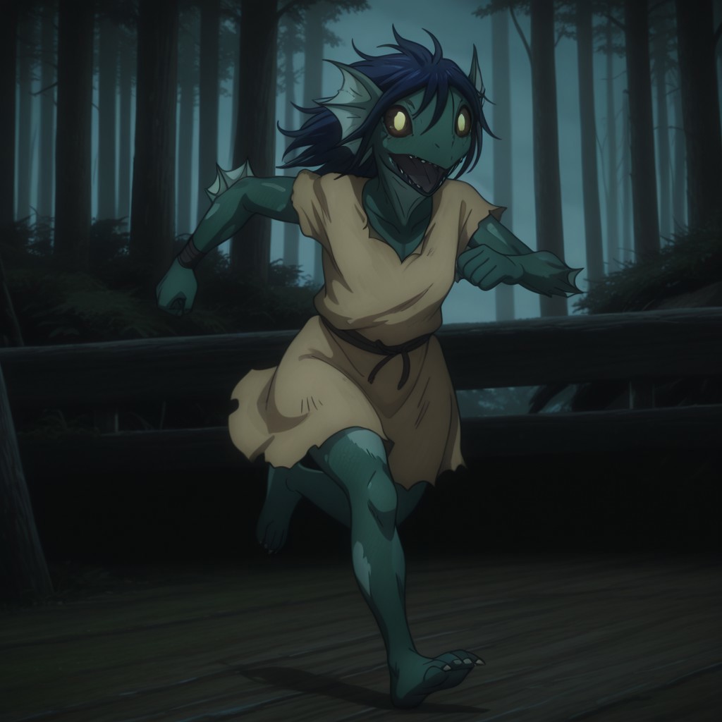 masterpiece, best quality, amazing quality, masterpiece, best quality, amazing quality, FishmanslfIL, anthro, green skin, blue hair, head fins, black sclera, yellow eyes, torn clothes,  tan tunic, running, front view, forest