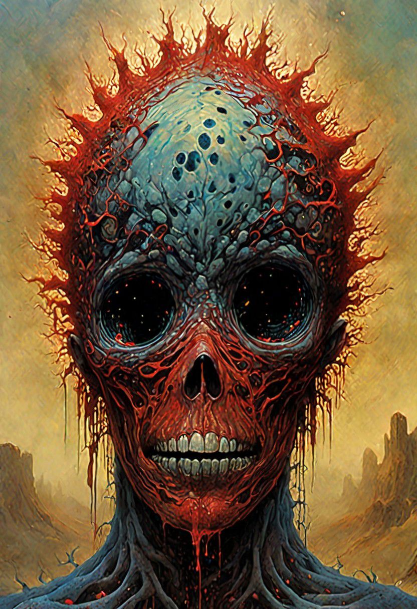 Establishing Shot painting of a ((Virus)) monster (inside bloodstream) in style of [Dean Ellis: Steven DaLuz: 0.3],digital artwork by Beksinski, trypophobia:1.5, glitch, psychedelic:1.9, Psilocybin, trypophobia:1.3, hyper-detailed:1.1, ((best quality)), linquivera, masterpiece, detailed cells, (deep neurons):1.5, blacklight, scar, binary code and digital art, binary code, digital art, ral-dissolve:1.3, liiv, ((background blends with the subject nicely) in the style of EdobHorrorLandscape: digital artwork by Beksinski: 0.6)