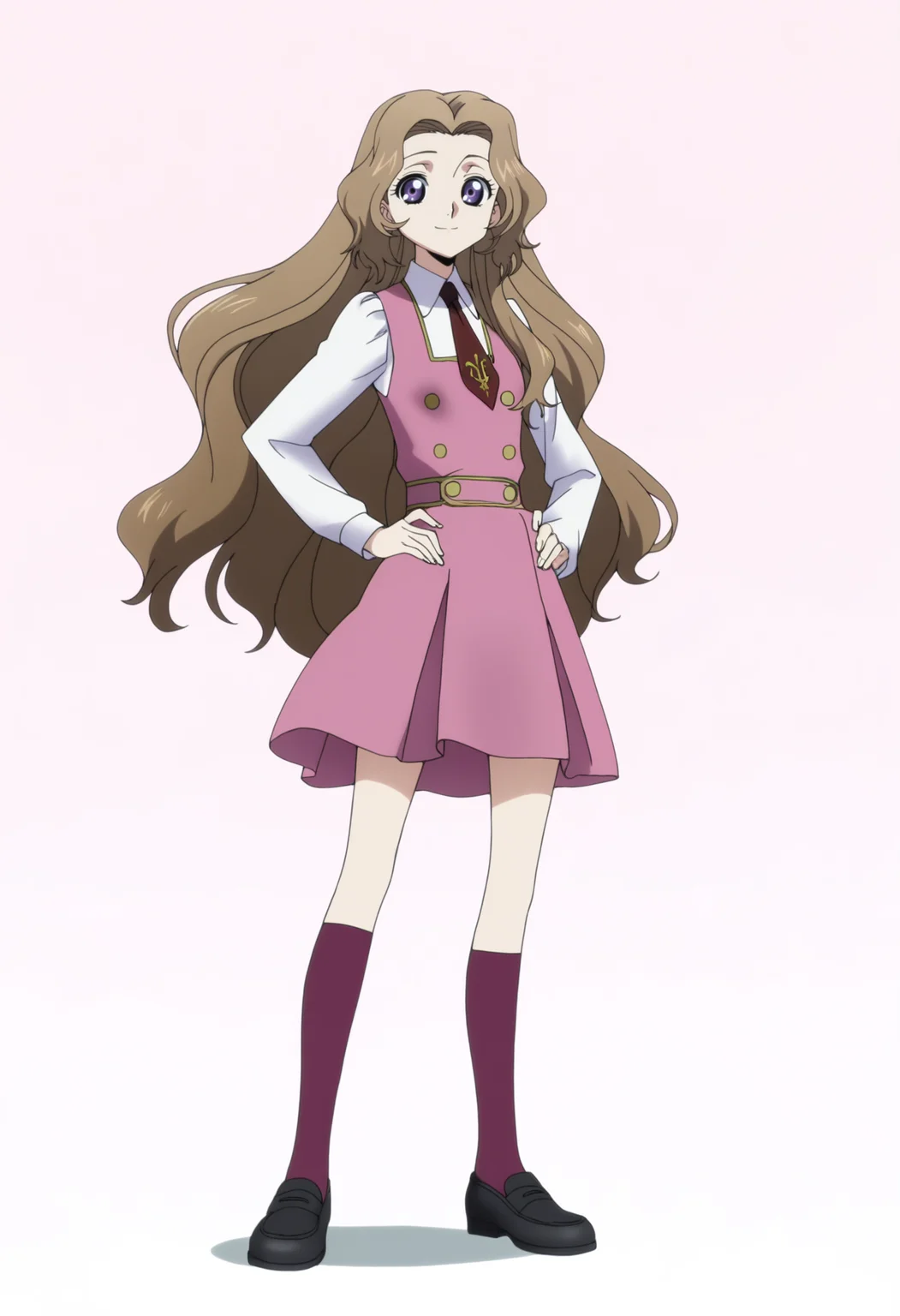 masterpiece, best quality, very aesthetic, absurdres,
anime screencap,
1girl, nunnally, long hair, brown hair, purple eyes,
school uniform, ashford academy school uniform, kneehighs, necktie, pinafore dress, long sleeves, shirt, white shirt, pink dress, shoes,
standing, hands on hips, full body,
looking at viewer, solo, smile, simple background, white background, <lora:NunnallyViBritanniaNoobXL_byKonan:1>