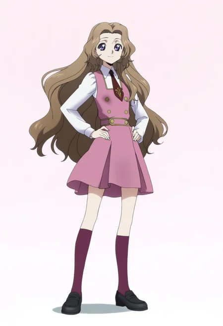masterpiece, best quality, very aesthetic, absurdres,
anime screencap,
1girl, nunnally, long hair, brown hair, purple eyes,
school uniform, ashford academy school uniform, kneehighs, necktie, pinafore dress, long sleeves, shirt, white shirt, pink dress, shoes,
standing, hands on hips, full body,
looking at viewer, solo, smile, simple background, white background, <lora:NunnallyViBritanniaNoobXL_byKonan:1>