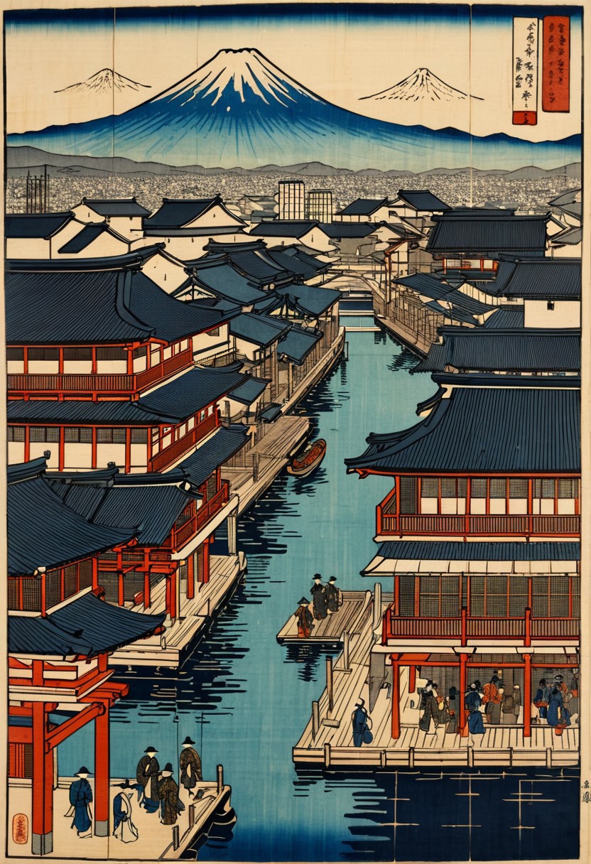 Masterpiece, Japanese Edo-period woodblock print depicting Osaka in the 18th century