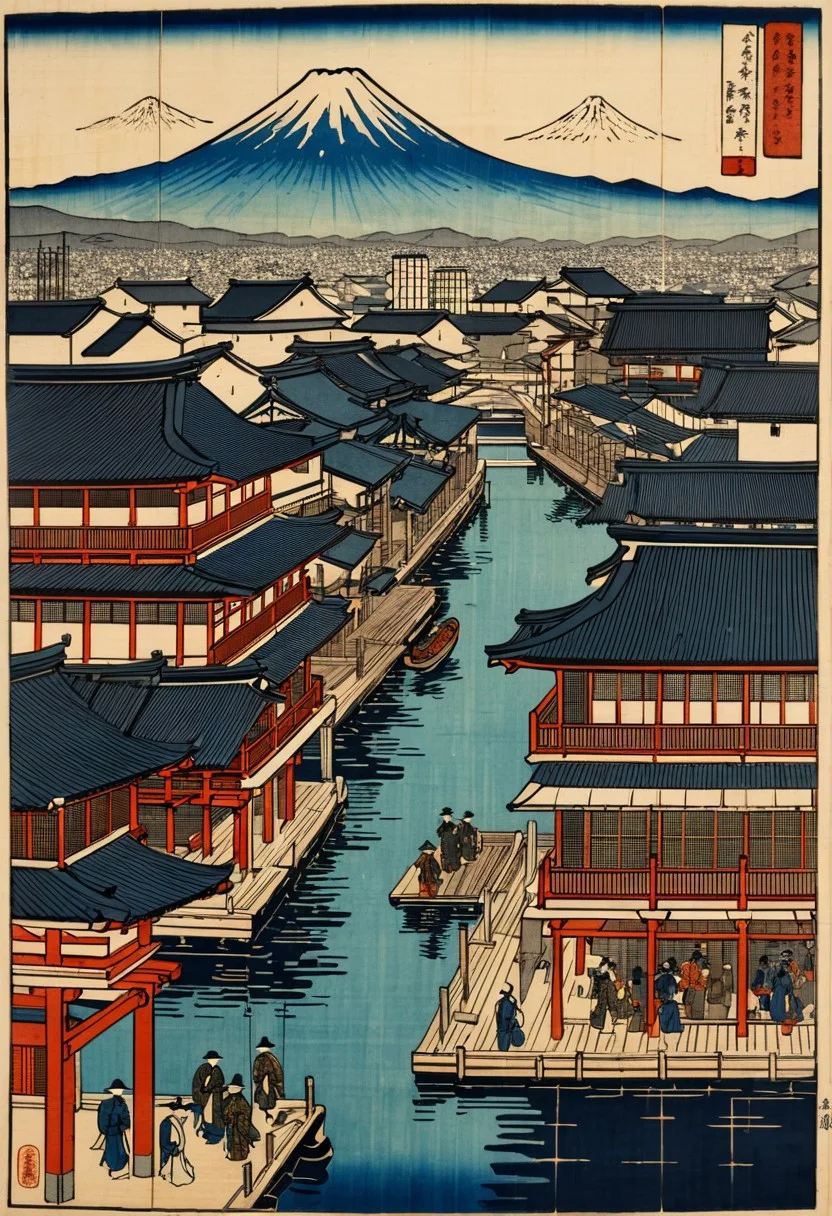 Masterpiece, Japanese Edo-period woodblock print depicting Osaka in the 18th century