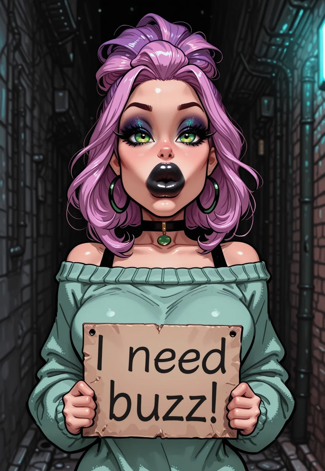 1girl , solo. Sraight hair. Magenta hair, green eyes, short. Baggy sweater. choker, masterpiece ,best quality ,amazing quality, SH_Style , NIMO , huge lips. Full lips. Puckered lips. Eyeshadow. Makeup. Contour. Sharp cheekbones. Black lipstick. Elaborate eyeliner. Fancy eyeliner. Face focus. Alleyway. Alley. City. need_buzz. holding sign. 