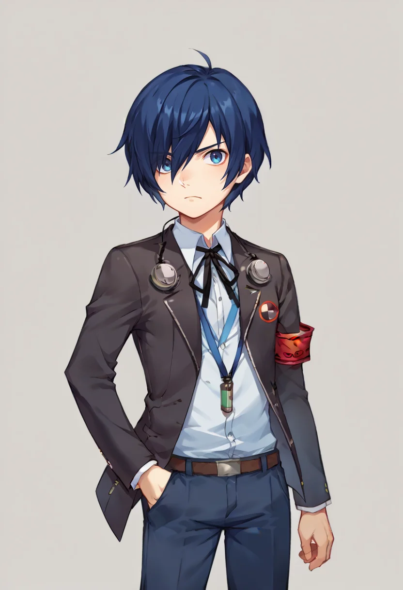 score_9, score_8_up, score_7_up, source_anime, BREAK, solo, 1boy, <lora:DDLC-pdxl_Fp:0.8>, standing, simple background, looking at viewer, cowboy shot, <lora:MakotoP3-pdxl_Fp:1>, makotop3, school uniform, gekkoukan high school uniform, headphones, blue hair, blue eyes, short short hair, black jacket, black pants, hair over one eye, black pants, frown, hand in pocket, armband,